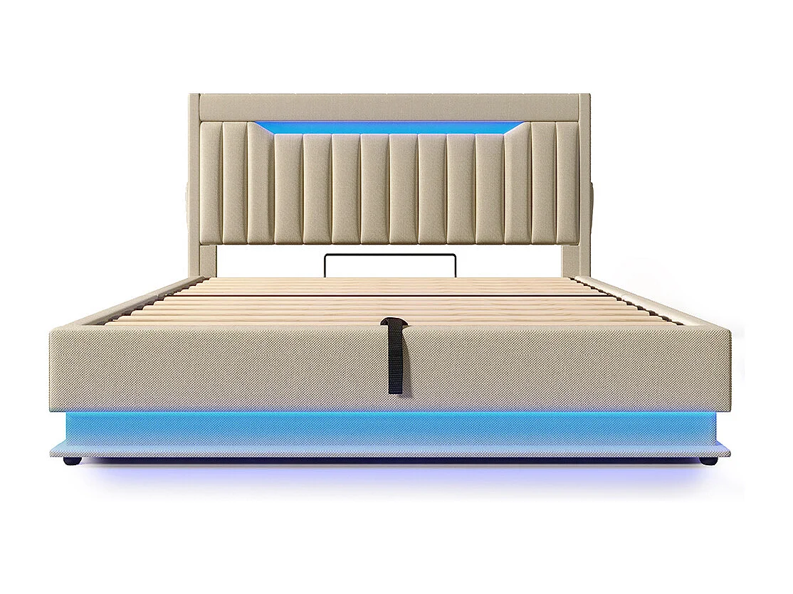 Opbergbed 140x200 hoofdeinde met opbergruimte en USB- en Type-C-poorten LED-verlichting aan het hoofdeinde en voeteneinde van het bed beige linnen