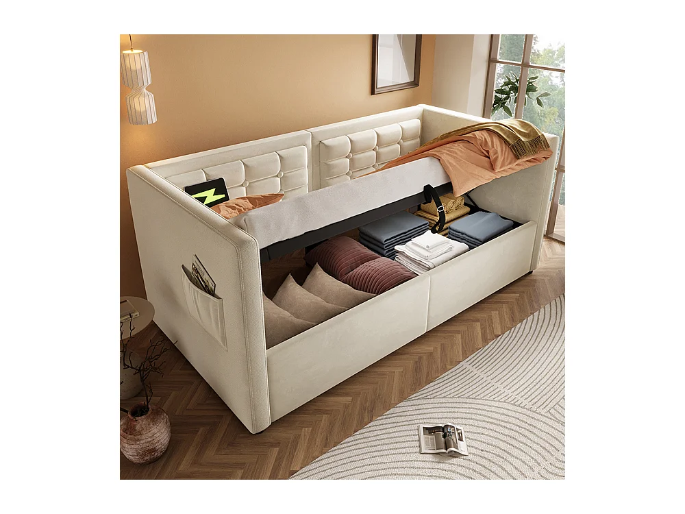 Lit coffre rembourré 90x200 canapé-lit simple avec espace de rangement hydraulique et station de recharge USB et Type-C lit en bois velours beige