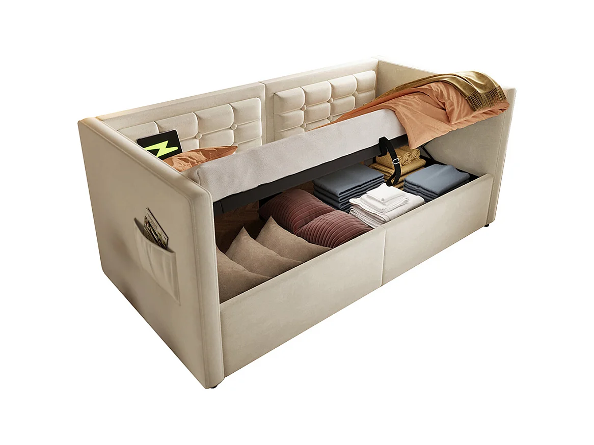 Lit coffre rembourré 90x200 canapé-lit simple avec espace de rangement hydraulique et station de recharge USB et Type-C lit en bois velours beige