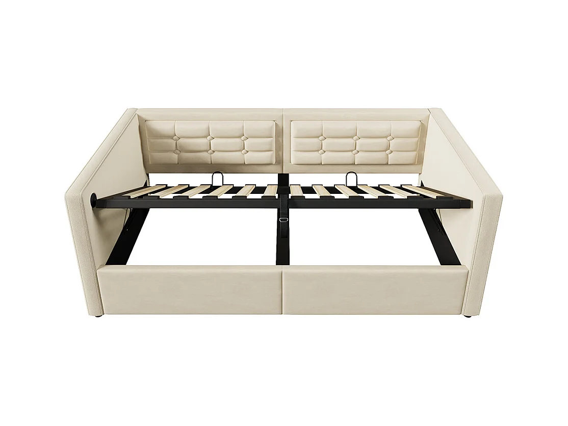 Lit coffre rembourré 90x200 canapé-lit simple avec espace de rangement hydraulique et station de recharge USB et Type-C lit en bois velours beige