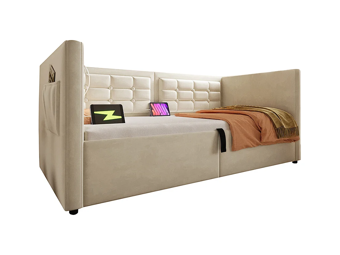 Lit coffre rembourré 90x200 canapé-lit simple avec espace de rangement hydraulique et station de recharge USB et Type-C lit en bois velours beige