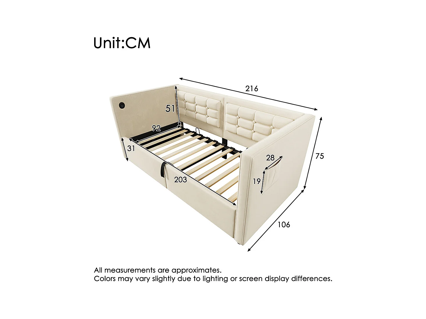 Lit coffre rembourré 90x200 canapé-lit simple avec espace de rangement hydraulique et station de recharge USB et Type-C lit en bois velours beige