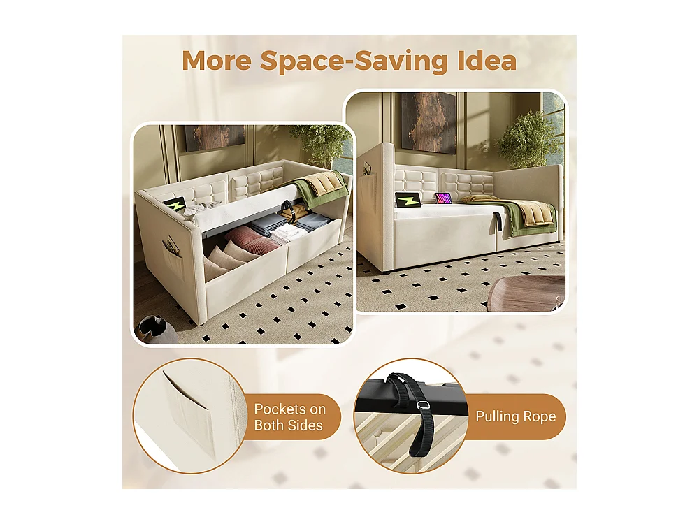 Lit coffre rembourré 90x200 canapé-lit simple avec espace de rangement hydraulique et station de recharge USB et Type-C lit en bois velours beige