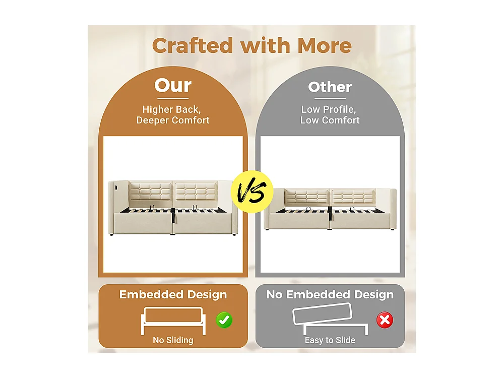 Lit coffre rembourré 90x200 canapé-lit simple avec espace de rangement hydraulique et station de recharge USB et Type-C lit en bois velours beige
