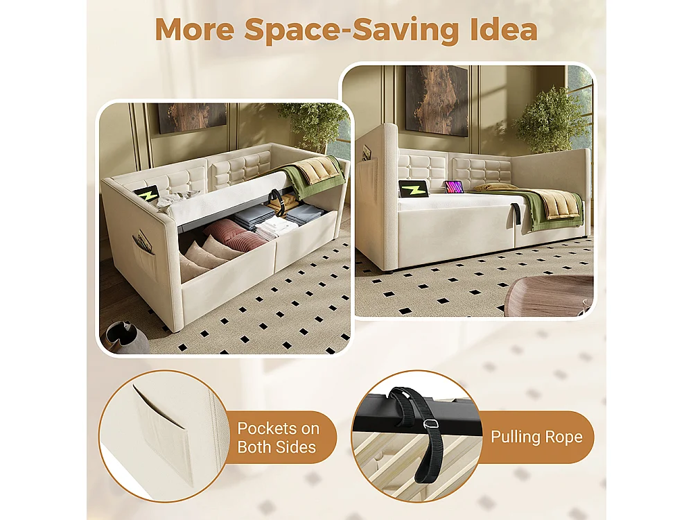 Lit coffre rembourré 90x200 canapé-lit simple avec espace de rangement hydraulique et station de recharge USB et Type-C lit en bois velours beige