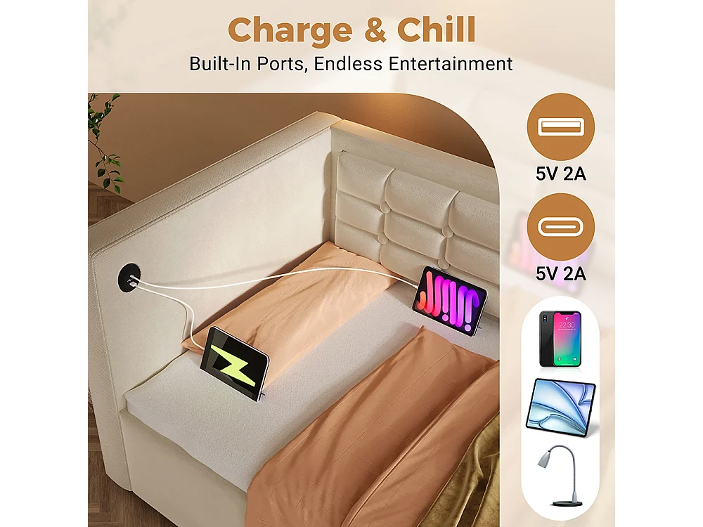 Lit coffre rembourré 90x200 canapé-lit simple avec espace de rangement hydraulique et station de recharge USB et Type-C lit en bois velours beige