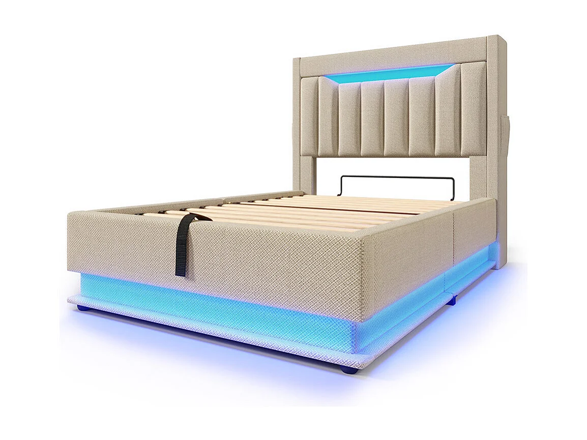 Opbergbed 90x200 met hoofdeindeopbergvakUSB- en Type C-poortenledverlichting aan het hoofdeinde en voeteneindelinnenkleurmatras