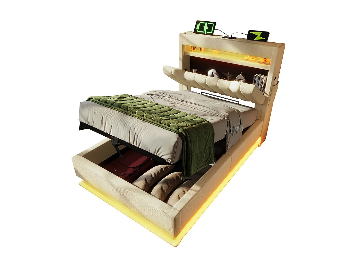 Opbergbed 90x200 met hoofdeindeopbergvakUSB- en Type C-poortenledverlichting aan het hoofdeinde en voeteneindelinnenkleurmatras