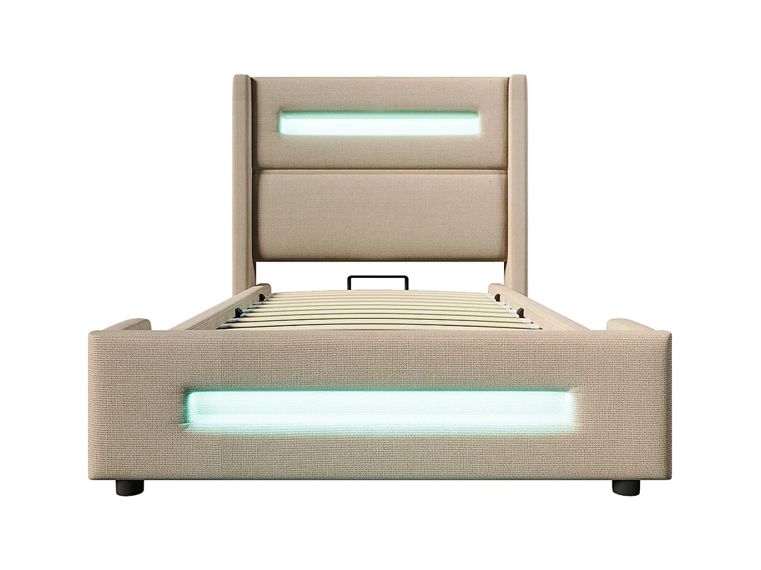 Lit coffre rembourré 90x200 avec LED lit avec espace de rangement hydraulique et recharge USB Type-C cadre de lit en métal lin beige