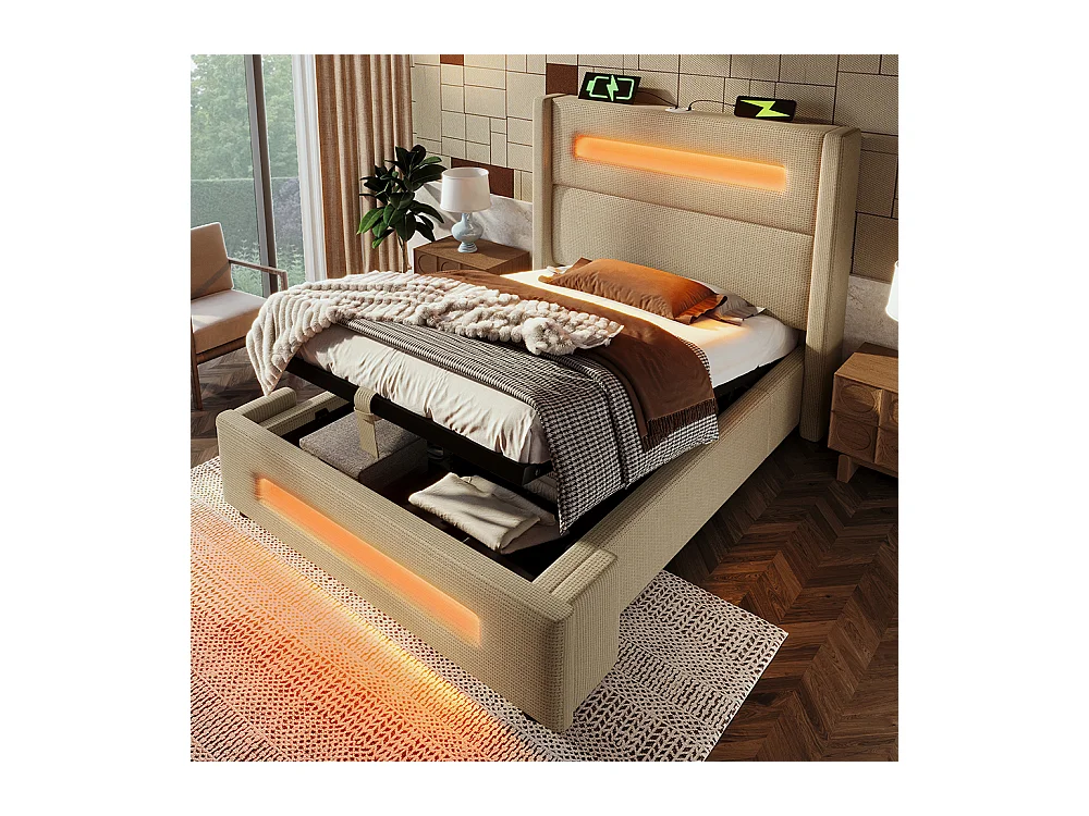 Lit coffre rembourré 90x200 avec LED lit avec espace de rangement hydraulique et recharge USB Type-C cadre de lit en métal lin beige