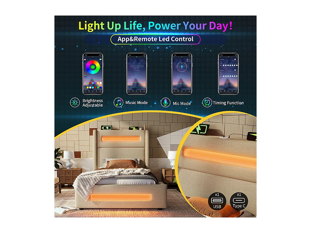 Lit coffre rembourré 90x200 avec LED lit avec espace de rangement hydraulique et recharge USB Type-C cadre de lit en métal lin beige