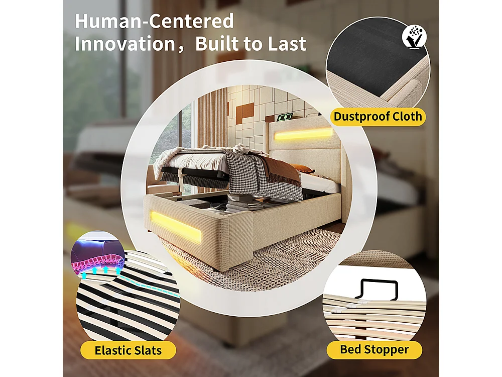 Lit coffre rembourré 90x200 avec LED lit avec espace de rangement hydraulique et recharge USB Type-C cadre de lit en métal lin beige