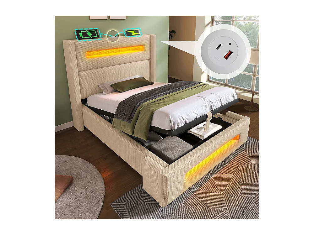 Opbergbed 90x200 met LED-verlichtinghydraulisch opbergsysteem en USB-oplaadpoort Type Cmetalen bedframe in beige linnen
