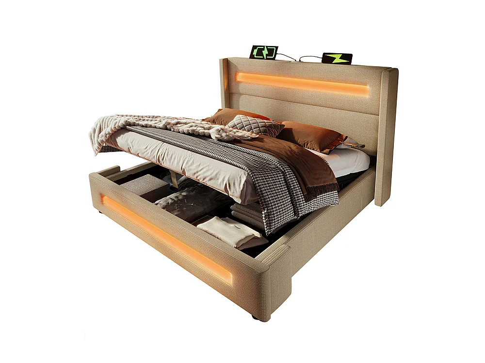 Lit coffre rembourré 160x200 avec LED lit avec espace de rangement hydraulique et recharge USB Type-C cadre de lit en métal lin beige avec matelas