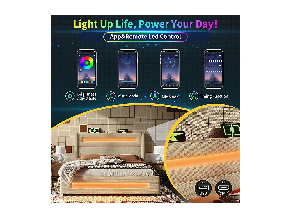 Lit coffre rembourré 160x200 avec LED lit avec espace de rangement hydraulique et recharge USB Type-C cadre de lit en métal lin beige avec matelas