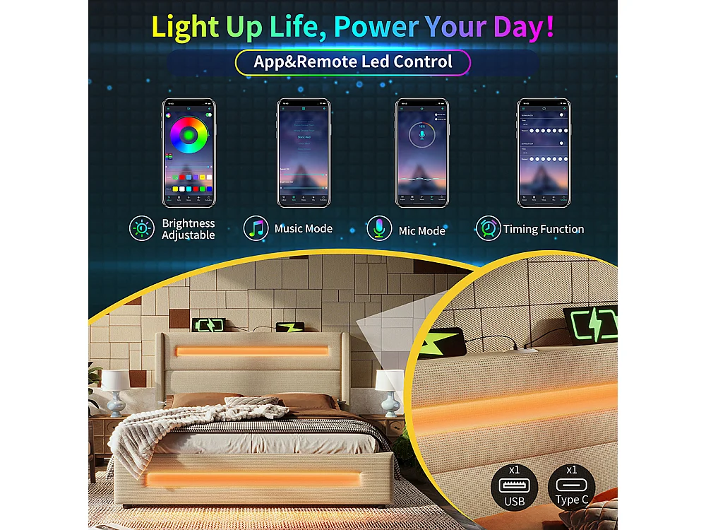 Gepolsterd bed met opbergruimte 160x200 met LED-bed met hydraulische opbergruimte en USB Type-C-oplaadpuntmetalen bedframe in linnenkleur met matras