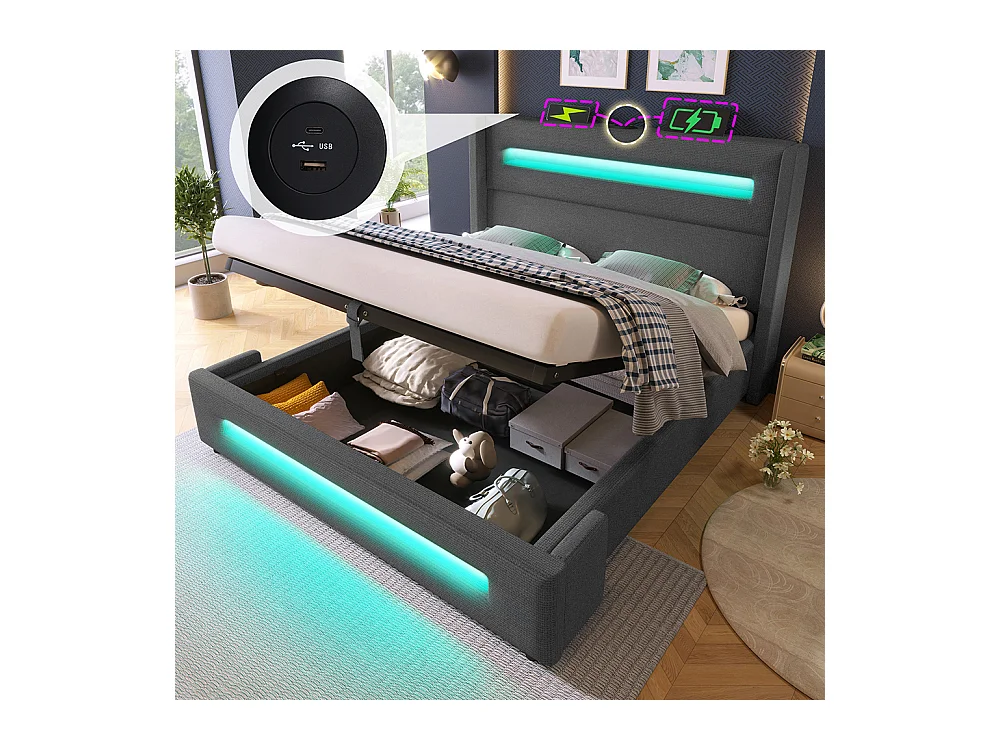 Lit coffre rembourré 160x200 avec LED lit avec espace de rangement hydraulique et recharge USB Type-C cadre de lit en métal lin gris