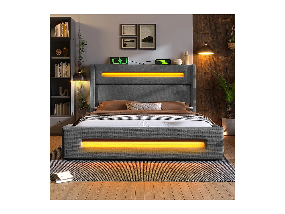 Lit coffre rembourré 160x200 avec LED lit avec espace de rangement hydraulique et recharge USB Type-C cadre de lit en métal lin gris
