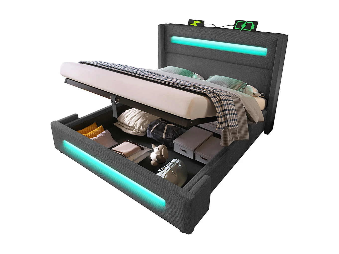 Opbergbed 160x200 met led-verlichtinghydraulische opbergruimte en USB-oplader type Cmetalen bedframe in linnen grijs