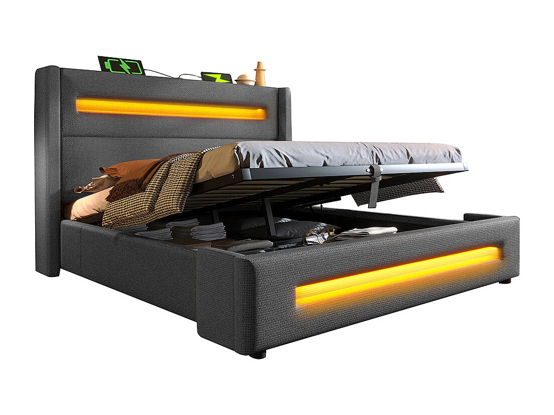 Opbergbed 160x200 met led-verlichtinghydraulische opbergruimte en USB-oplader type Cmetalen bedframe in linnen grijs