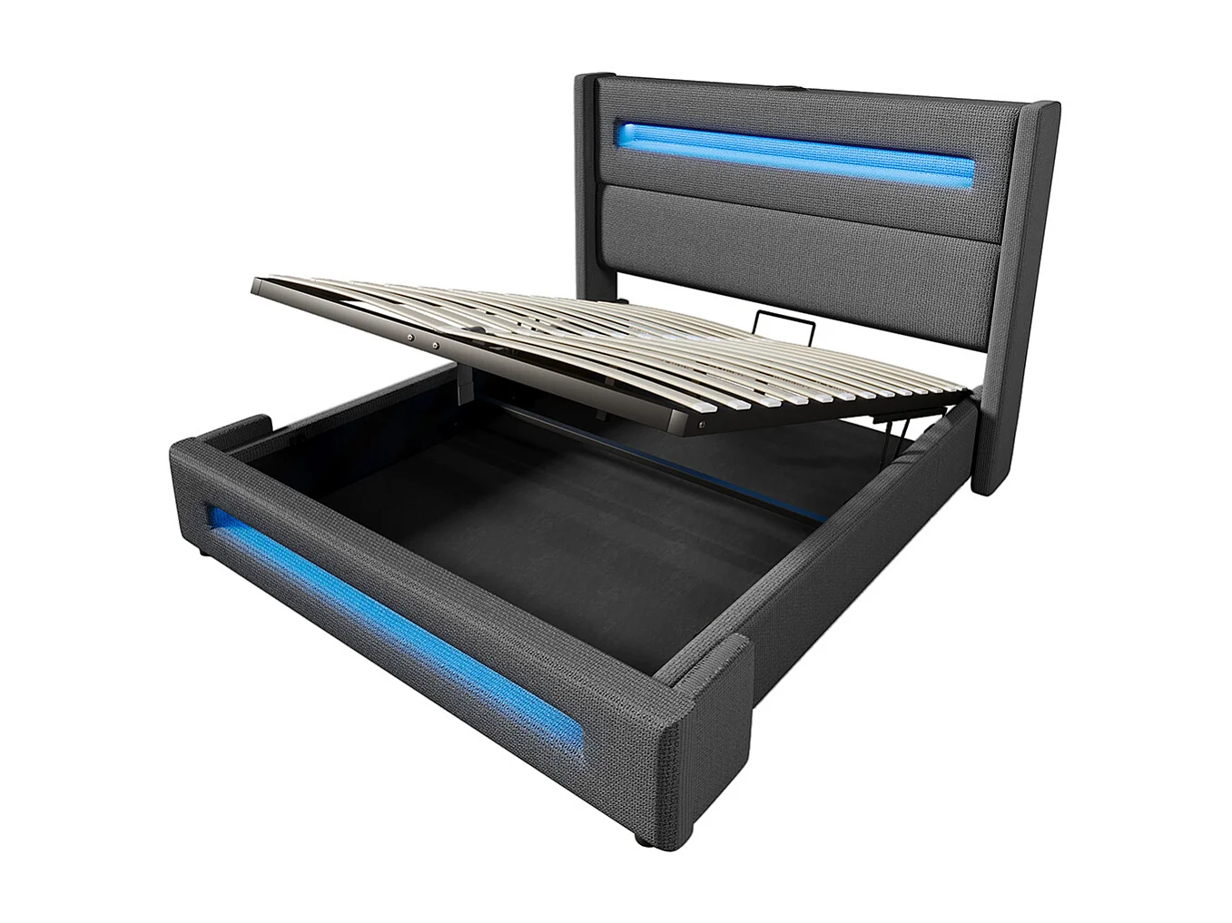 Opbergbed 160x200 met led-verlichtinghydraulische opbergruimte en USB-oplader type Cmetalen bedframe in linnen grijs