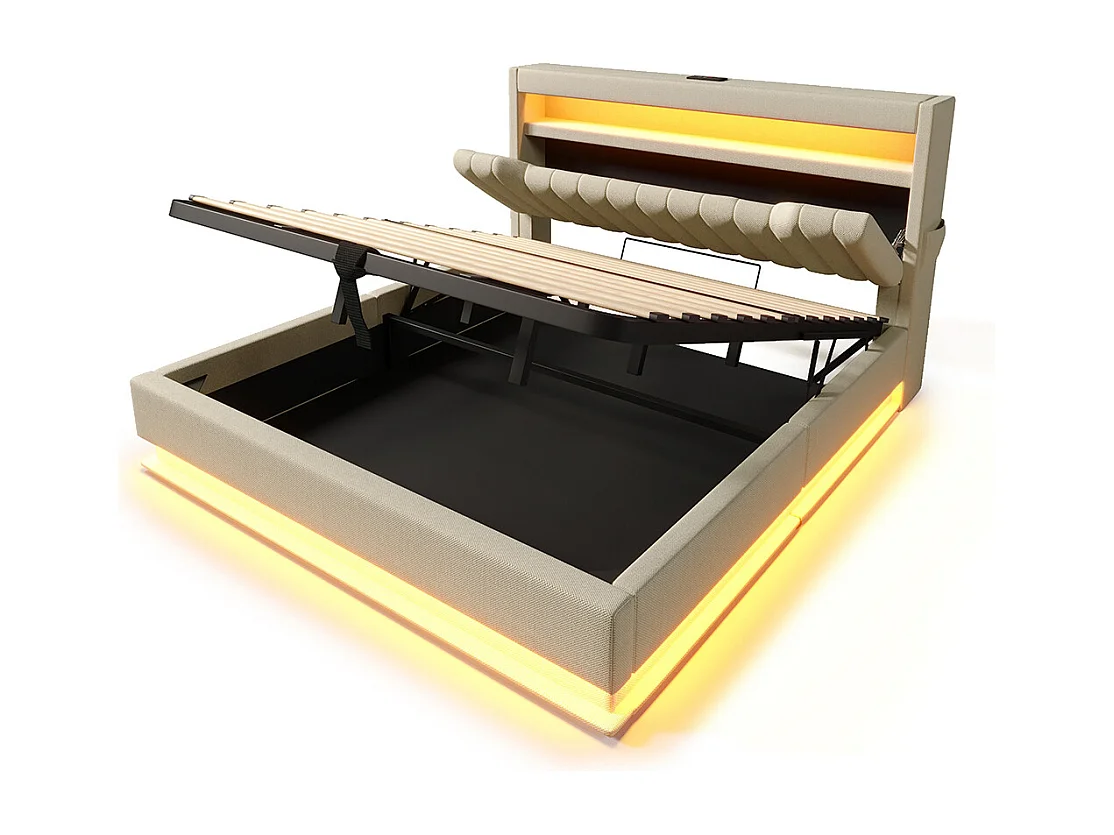 Opbergbed met bekleding 160x200 met opbergruimte en USB- en Type-C-poortenledverlichting aan het hoofd- en voeteneindebeige linnen met matras