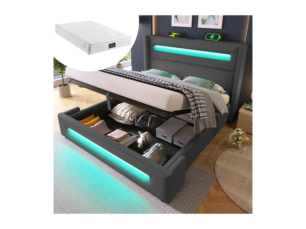 Lit coffre rembourré 160x200 avec LED lit avec espace de rangement hydraulique et recharge USB Type-C cadre de lit en métal lin gris avec matelas