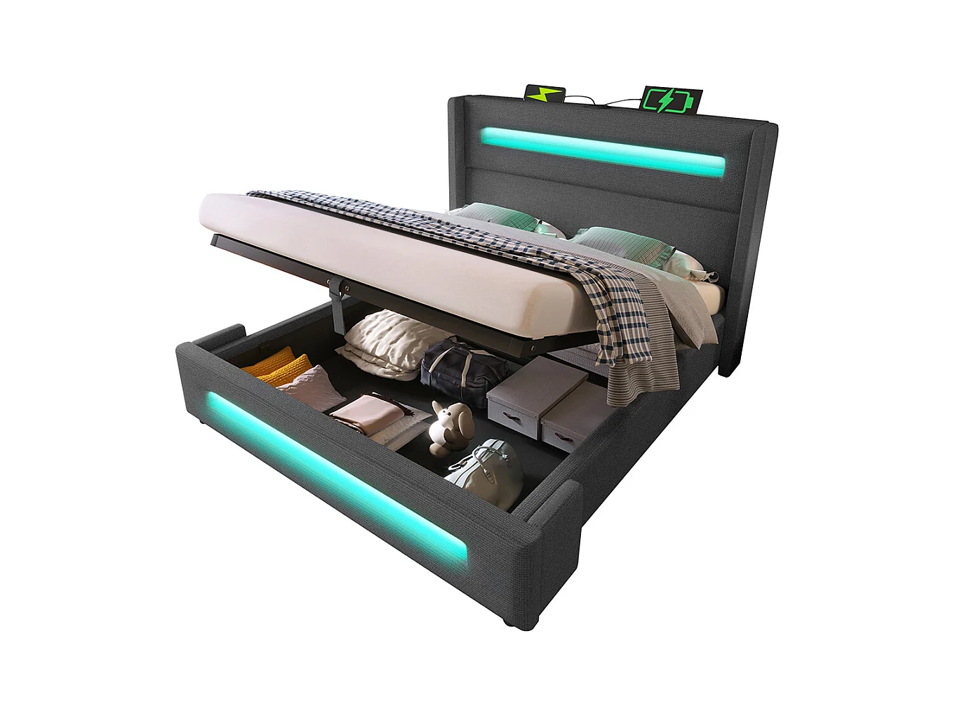 Lit coffre rembourré 160x200 avec LED lit avec espace de rangement hydraulique et recharge USB Type-C cadre de lit en métal lin gris avec matelas