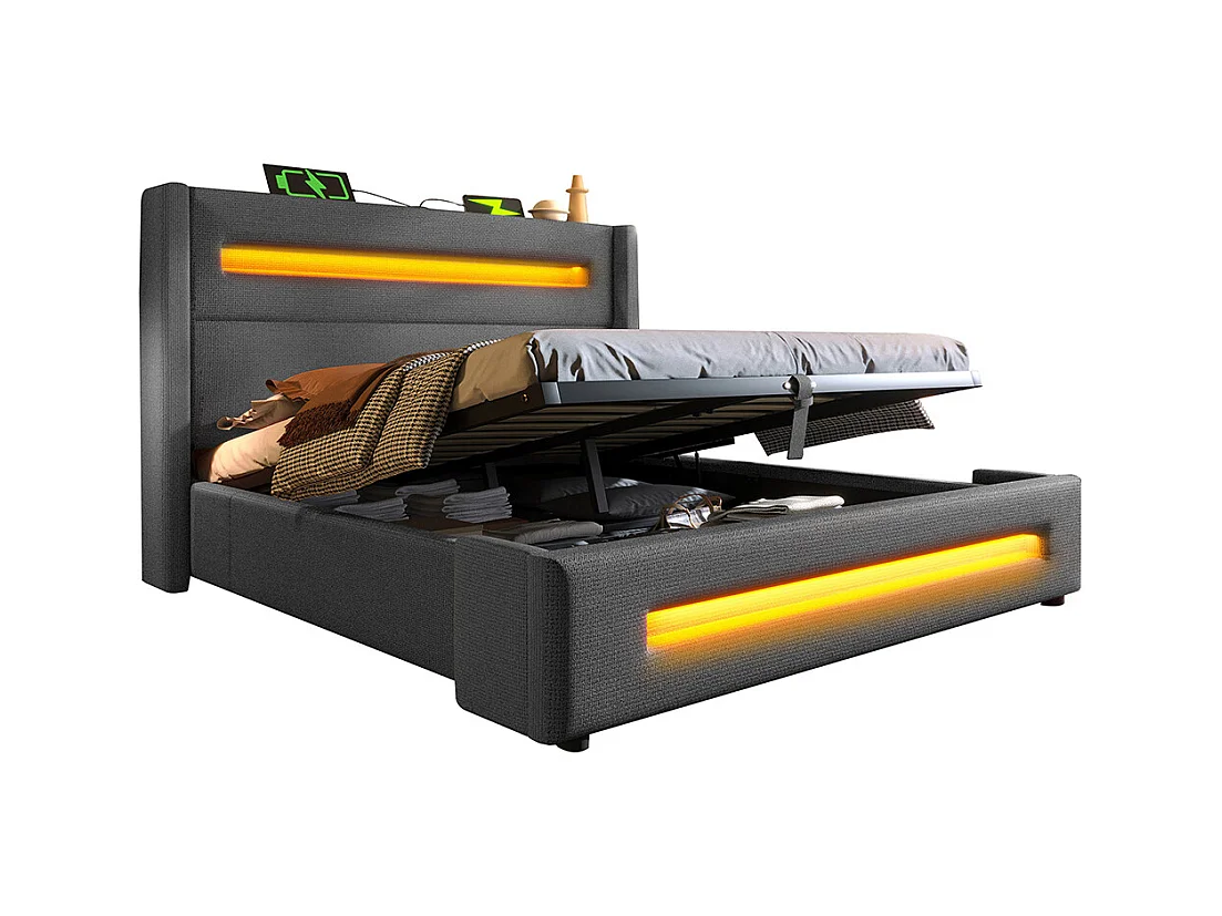 Lit coffre rembourré 160x200 avec LED lit avec espace de rangement hydraulique et recharge USB Type-C cadre de lit en métal lin gris avec matelas
