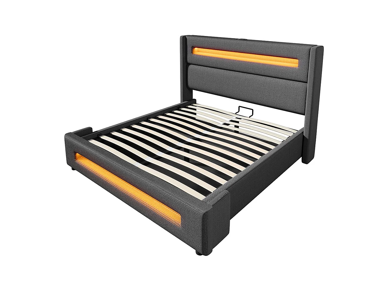 Lit coffre rembourré 160x200 avec LED lit avec espace de rangement hydraulique et recharge USB Type-C cadre de lit en métal lin gris avec matelas