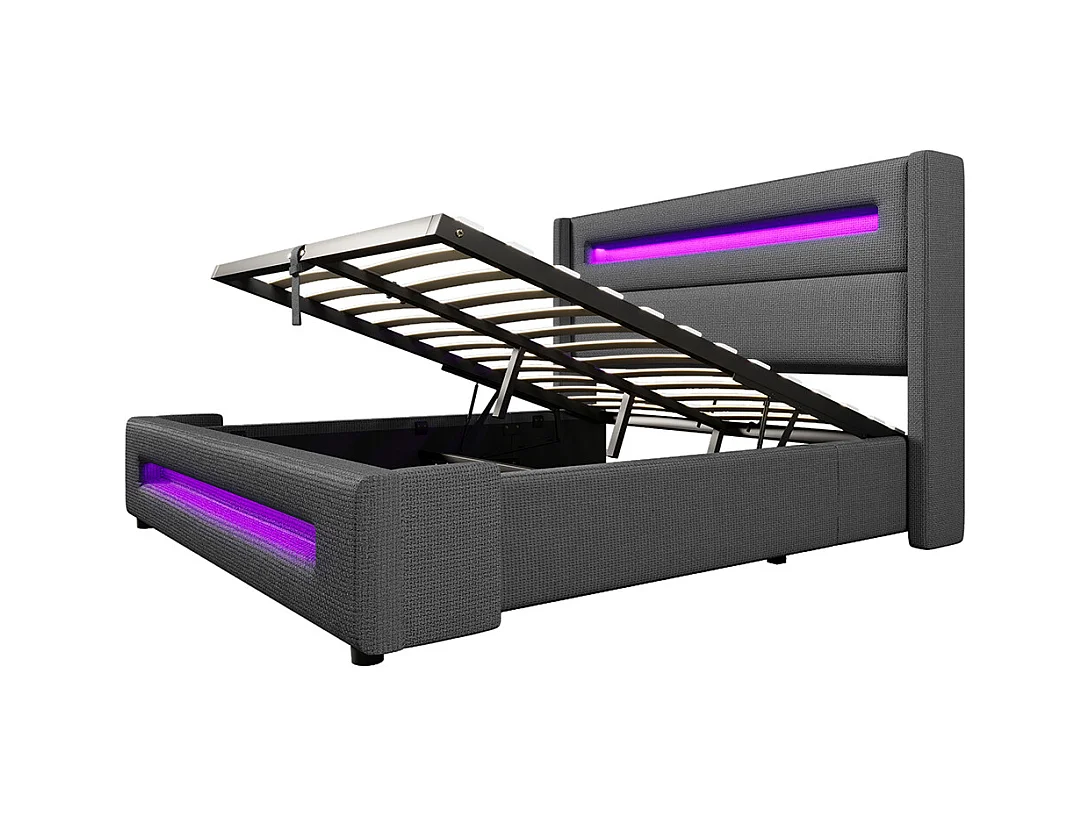 Lit coffre rembourré 160x200 avec LED lit avec espace de rangement hydraulique et recharge USB Type-C cadre de lit en métal lin gris avec matelas