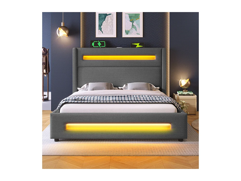 Lit coffre rembourré 160x200 avec LED lit avec espace de rangement hydraulique et recharge USB Type-C cadre de lit en métal lin gris avec matelas