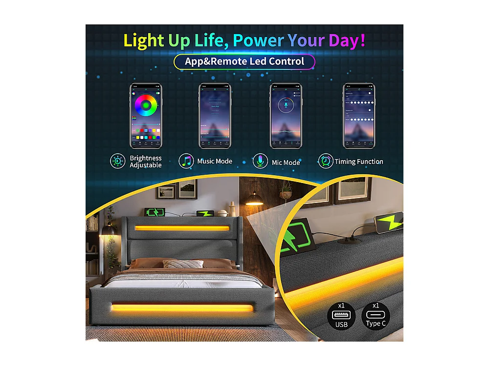 Lit coffre rembourré 160x200 avec LED lit avec espace de rangement hydraulique et recharge USB Type-C cadre de lit en métal lin gris avec matelas