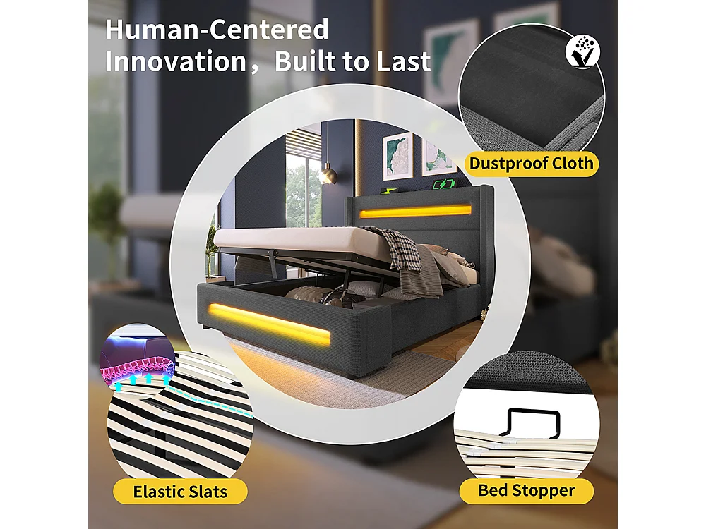 Lit coffre rembourré 160x200 avec LED lit avec espace de rangement hydraulique et recharge USB Type-C cadre de lit en métal lin gris avec matelas