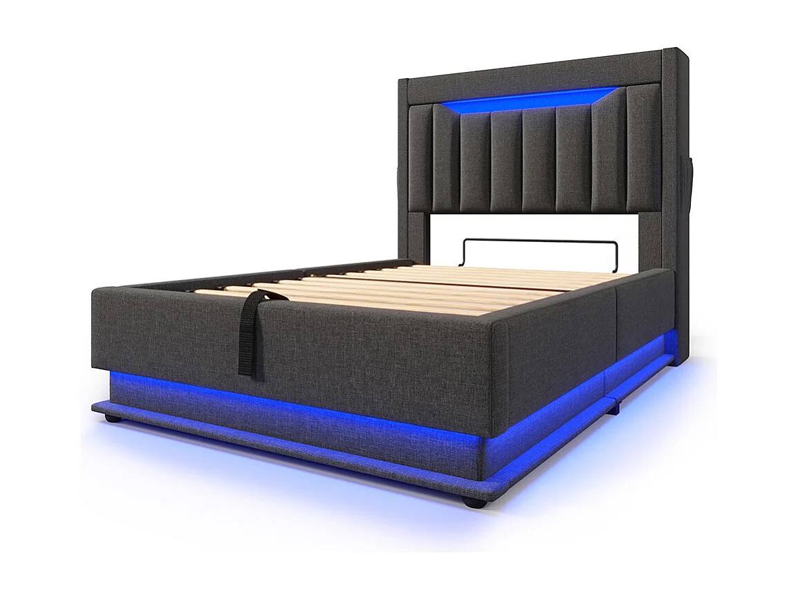 Opbergbed 90x200 hoofdeinde met opbergruimte en USB- en Type-C-poorten LED-verlichting aan het hoofdeinde en voeteneinde van het bed grijs linnen