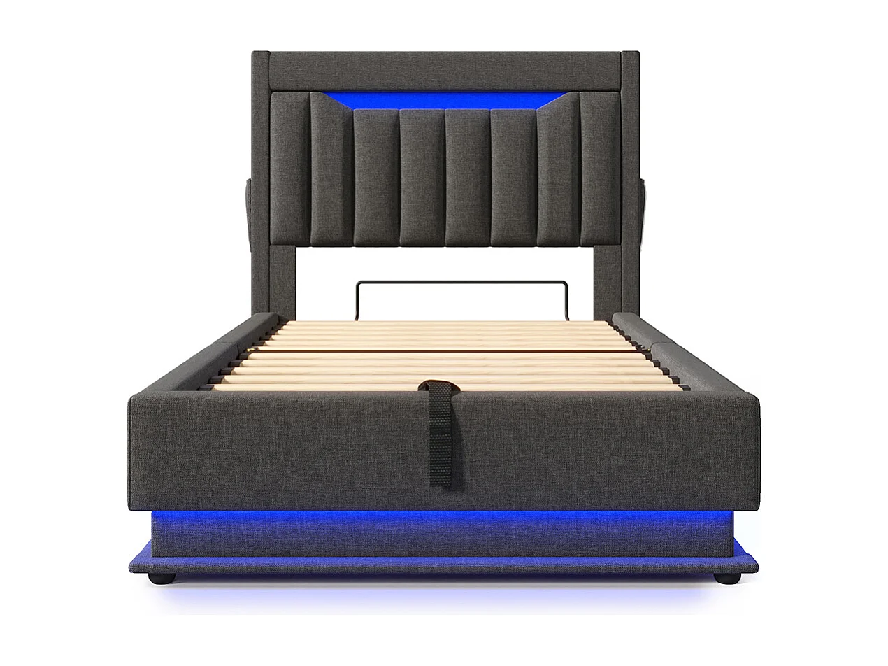 Opbergbed 90x200 hoofdeinde met opbergruimte en USB- en Type-C-poorten LED-verlichting aan het hoofdeinde en voeteneinde van het bed grijs linnen