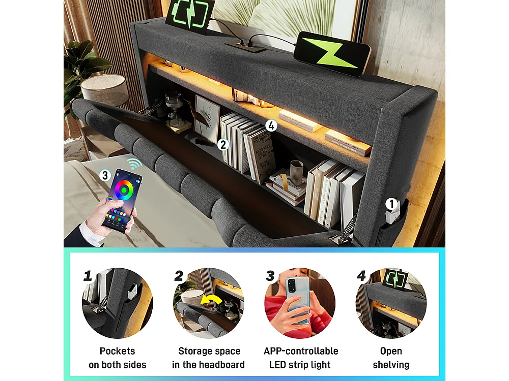 Opbergbed 90x200 hoofdeinde met opbergruimte en USB- en Type-C-poorten LED-verlichting aan het hoofdeinde en voeteneinde van het bed grijs linnen