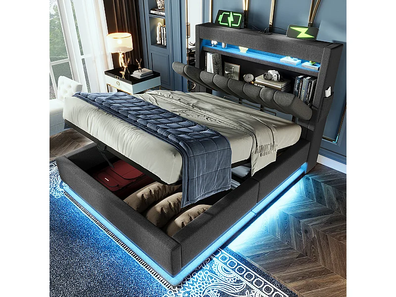 Opbergbed 90x200 hoofdeinde met opbergruimte en USB- en Type-C-poorten LED-verlichting aan het hoofdeinde en voeteneinde van het bed grijs linnen