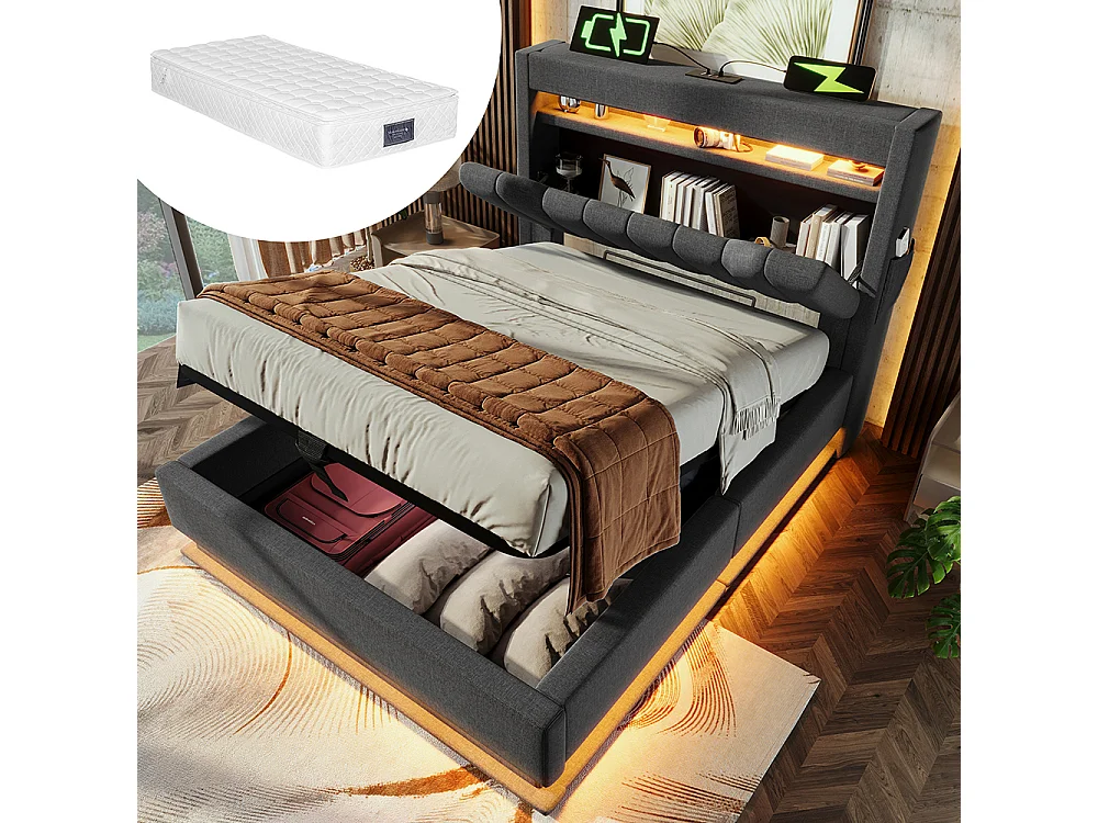 Opbergbed 90x200 met hoofdeinde met opbergruimte en USB- en Type-C-poortenLED-verlichting aan het hoofd- en voeteneindegrijs linnen met matras