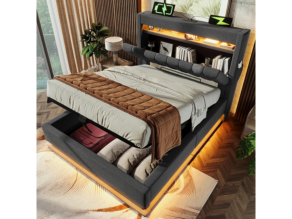 Opbergbed 90x200 met hoofdeinde met opbergruimte en USB- en Type-C-poortenLED-verlichting aan het hoofd- en voeteneindegrijs linnen met matras