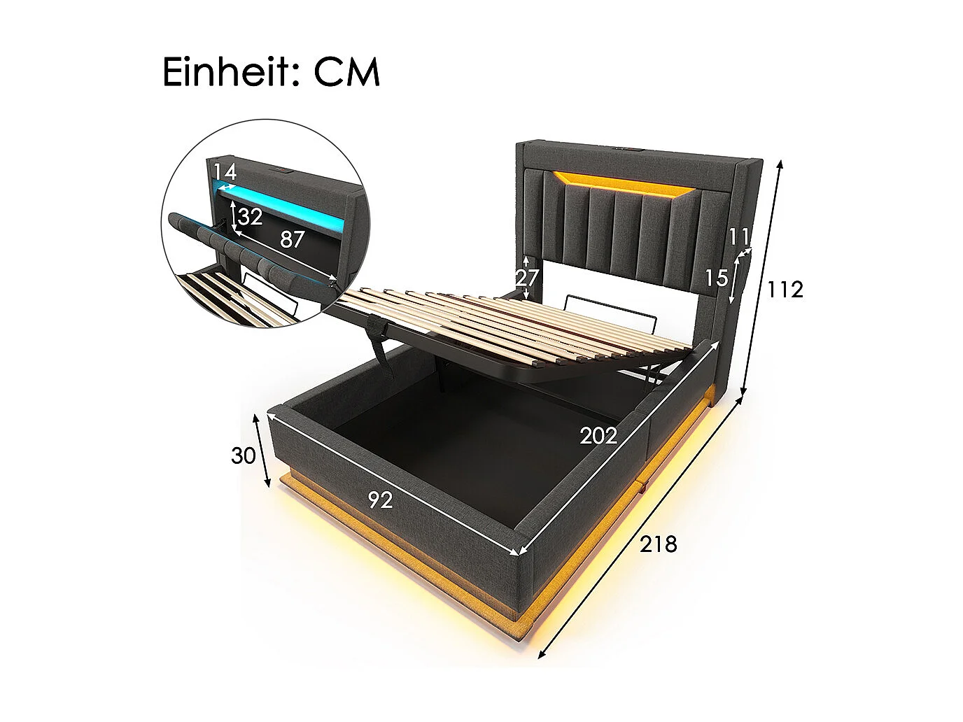 Opbergbed 90x200 met hoofdeinde met opbergruimte en USB- en Type-C-poortenLED-verlichting aan het hoofd- en voeteneindegrijs linnen met matras