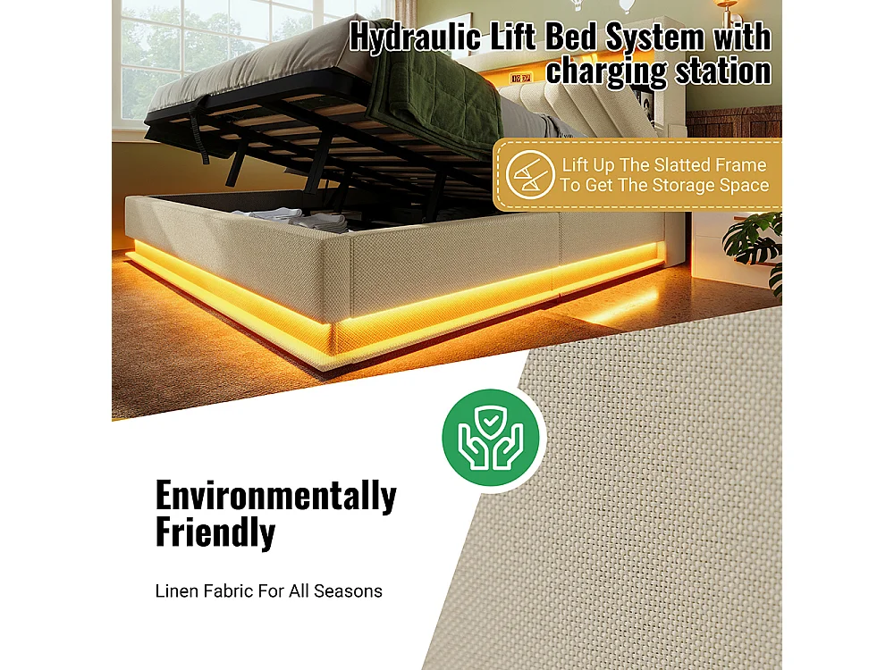 Opbergbed 90x200 met gestoffeerd hoofdeinde met opbergruimte en USB- en Type-C-poortenledverlichting aan het hoofdeinde en voeteneindebeige linnen