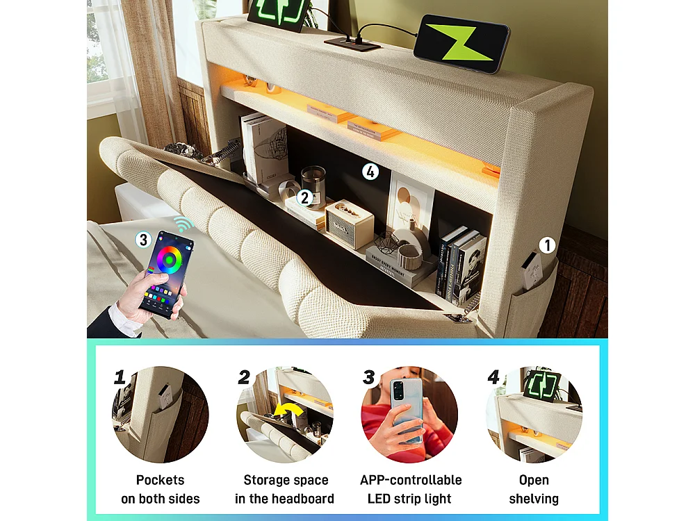 Opbergbed 90x200 met gestoffeerd hoofdeinde met opbergruimte en USB- en Type-C-poortenledverlichting aan het hoofdeinde en voeteneindebeige linnen