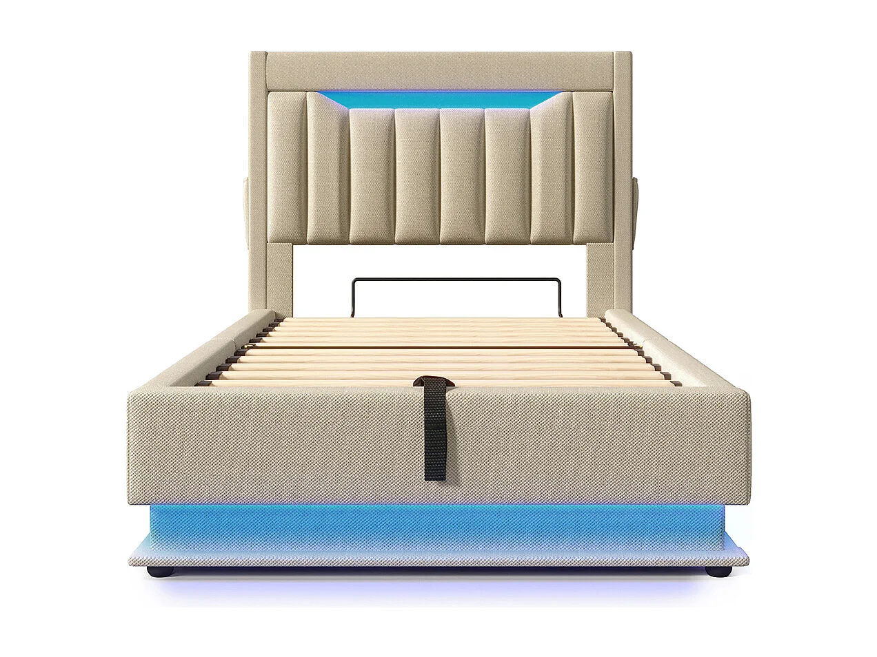 Opbergbed 90x200 met gestoffeerd hoofdeinde met opbergruimte en USB- en Type-C-poortenledverlichting aan het hoofdeinde en voeteneindebeige linnen