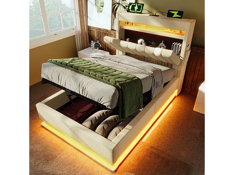 Opbergbed 90x200 met gestoffeerd hoofdeinde met opbergruimte en USB- en Type-C-poortenledverlichting aan het hoofdeinde en voeteneindebeige linnen