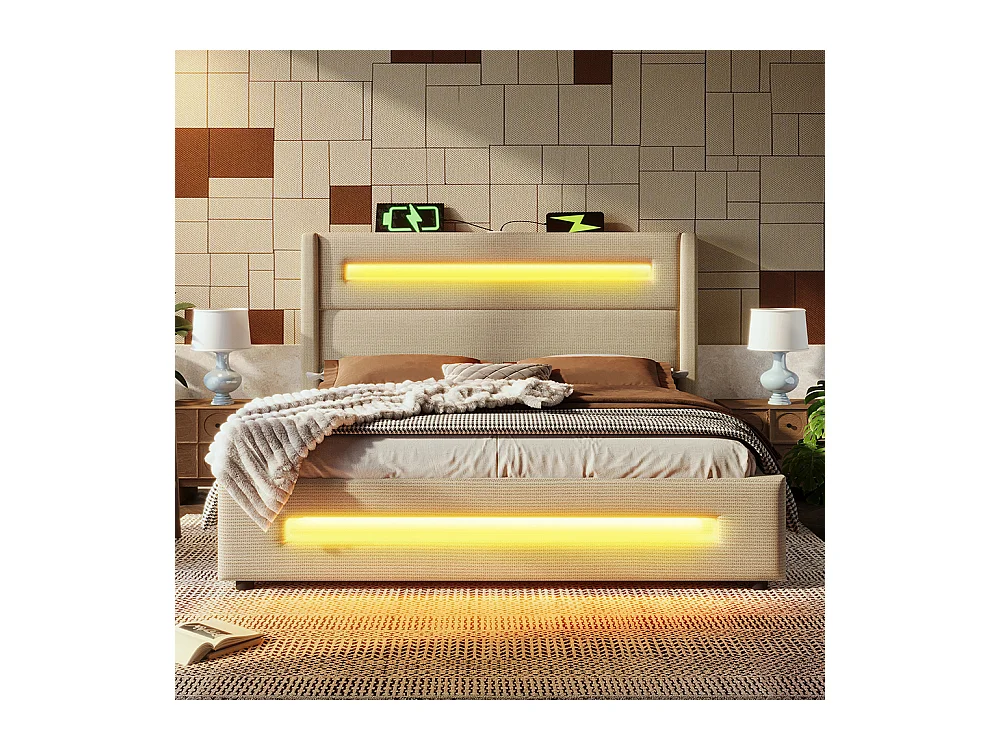 Lit coffre rembourré 160x200 avec LED lit avec espace de rangement hydraulique et recharge USB Type-C cadre de lit en métal lin beige