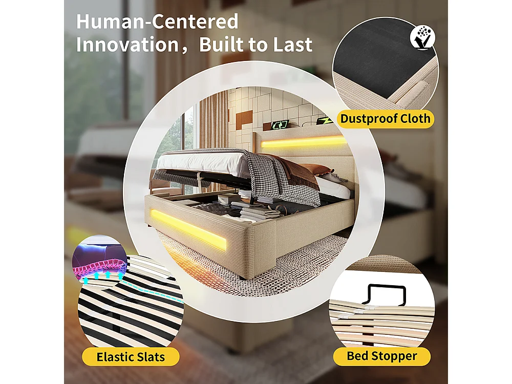 Opbergbed 160x200 met led-verlichtinghydraulische opbergruimte en USB-oplader type Cmetalen bedframe in linnen beige