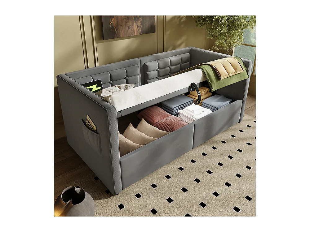 Lit coffre rembourré 90x200 canapé-lit simple avec espace de rangement hydraulique et station de recharge USB et Type-C lit en bois velours gris