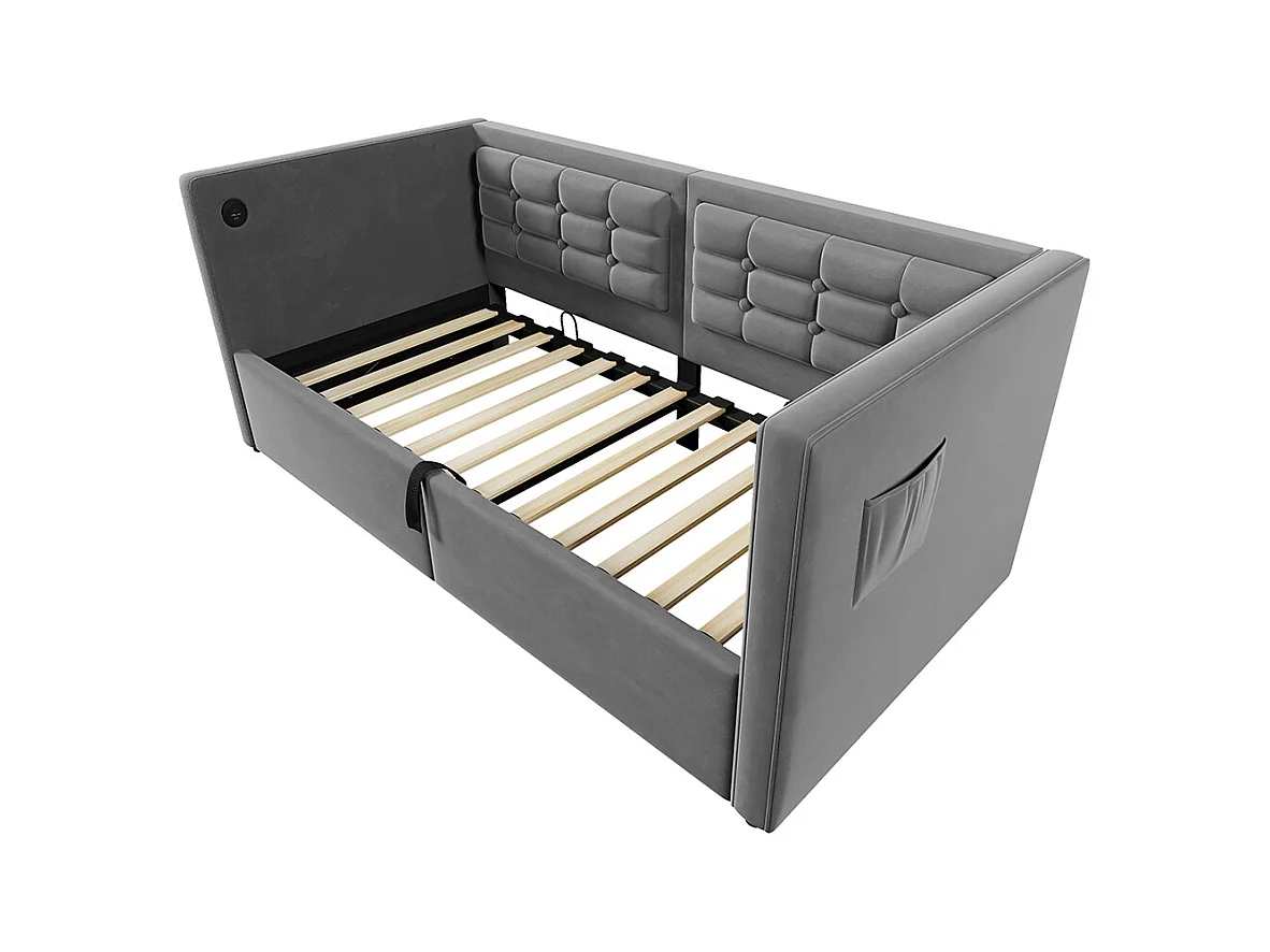 Lit coffre rembourré 90x200 canapé-lit simple avec espace de rangement hydraulique et station de recharge USB et Type-C lit en bois velours gris