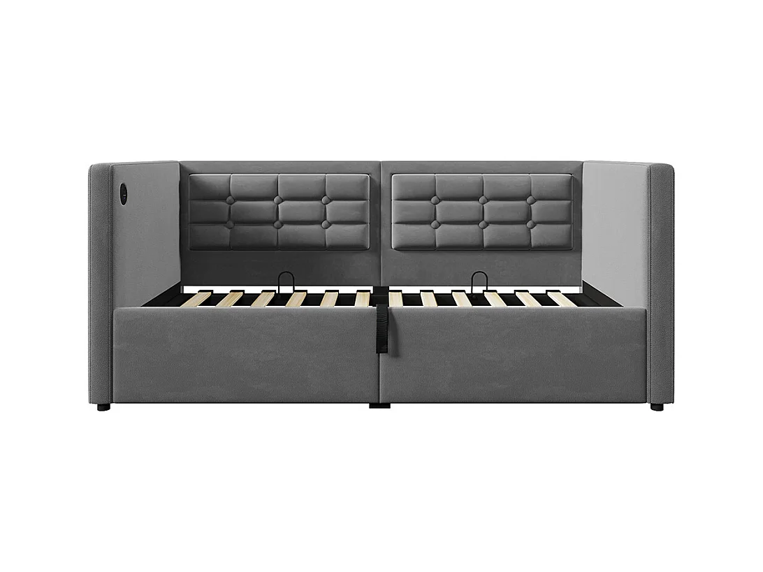 Lit coffre rembourré 90x200 canapé-lit simple avec espace de rangement hydraulique et station de recharge USB et Type-C lit en bois velours gris